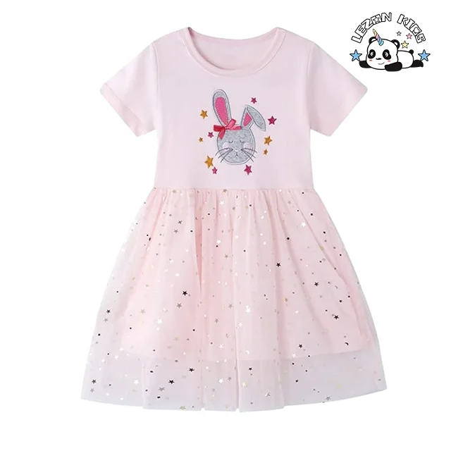 LEZONKIDS - Customized Logo Kids Cute Cartoon Printing Girls Tulle Dress Sequins Stripe For Summer